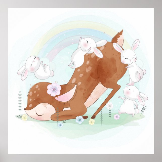 Baby deer with baby bunnies  poster (Front)