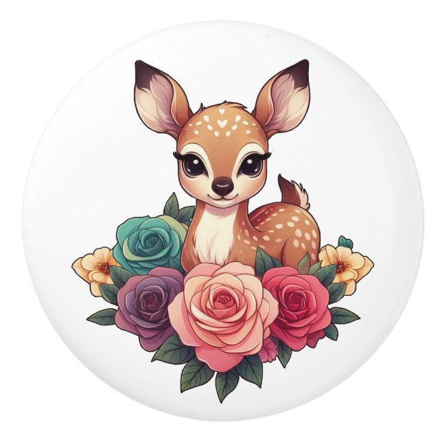 Baby Deer with Roses and Green Foliage Ceramic Knob (Front)