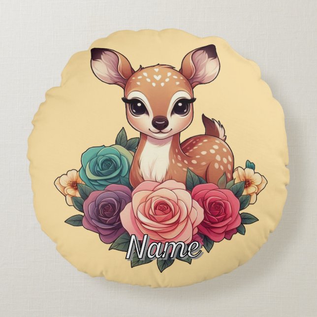 Baby Deer with Roses and Green Foliage Round Cushion (Front)