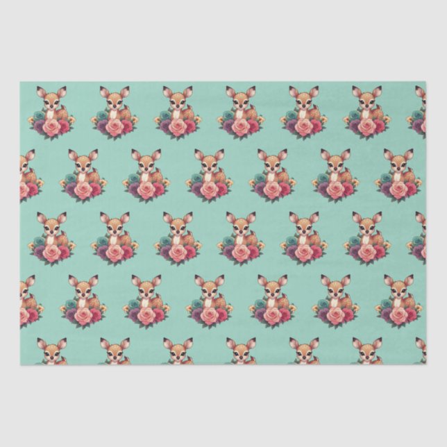 Baby Deer with Roses and Green Foliage Tissue Paper (Front)