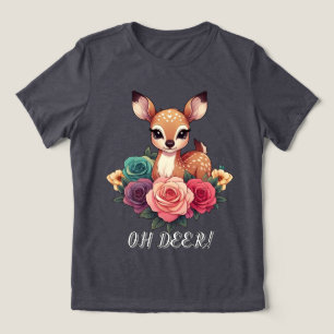 Baby Deer with Roses and Green Foliage Tri-Blend Shirt