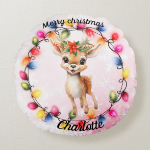 Baby Deer within a wreath of lights Round Cushion
