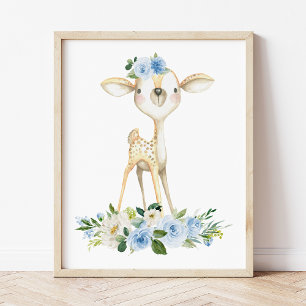 Baby Deer, Woodland Animals, Boho, Blue Flowers Poster