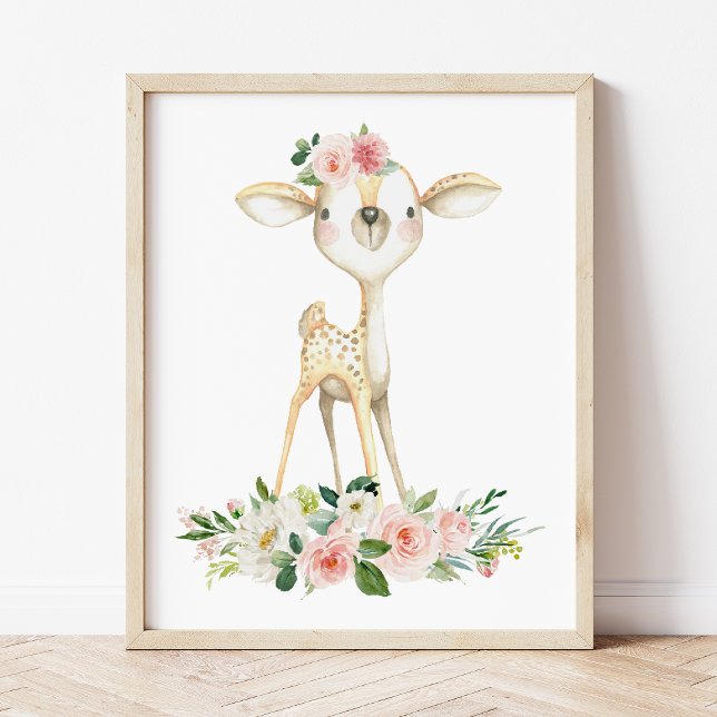 Baby Deer, Woodland Animals, Boho, Pink Flowers Photo Print (Creator Uploaded)