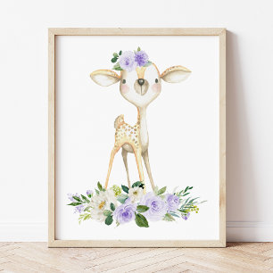 Baby Deer, Woodland Animals, Boho, Purple Flowers Poster