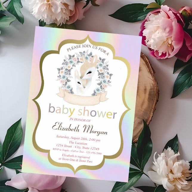 Baby Deers Frame Roses Holographic Baby Shower Invitation (Creator Uploaded)