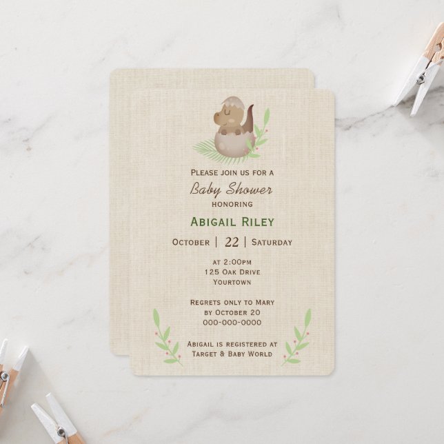 Baby Dinosaur Egg On Burlap Invitation (Front/Back In Situ)
