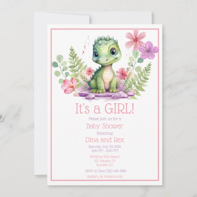 Baby Dinosaur Girl Flowers Invitation (Front)