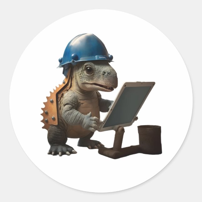 baby dinosaur industrial engineer whith tablet classic round sticker (Front)