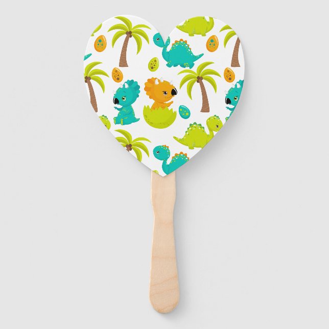 Baby Dinosaur Triceratops Dino Eggs Palm Tree Hand Fan (Front)