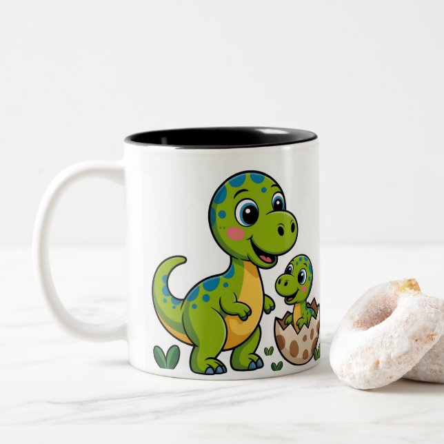 baby dinosaur Two-Tone coffee mug (With Donut)
