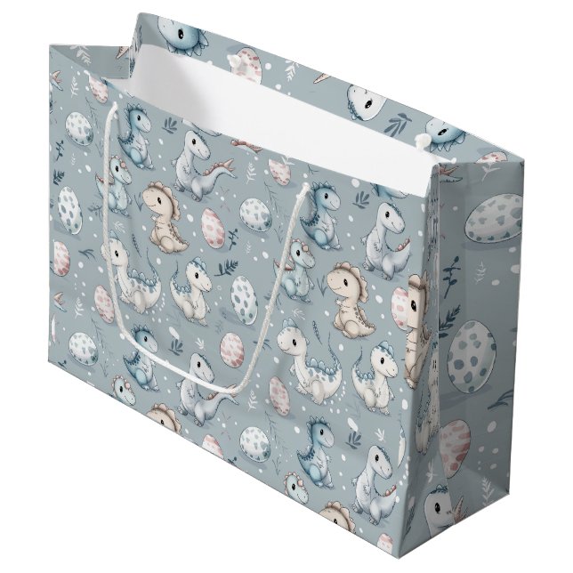 Baby dinosaurs on blue large gift bag (Front Angled)