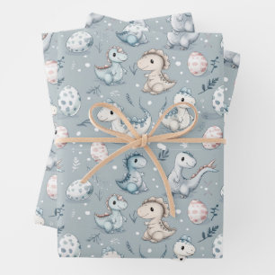 Baby dinosaurs on blue wrapping paper sheet