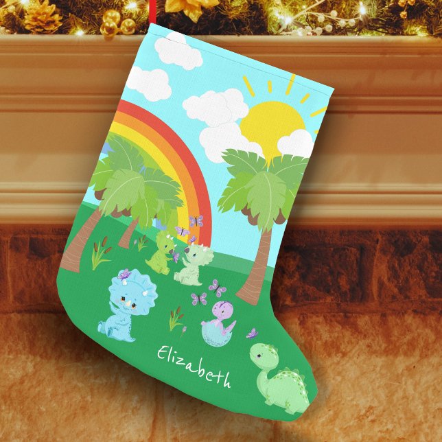 Baby Dinosaurs with Butterflies, Rainbow, and Sun Small Christmas Stocking (Creator Uploaded)