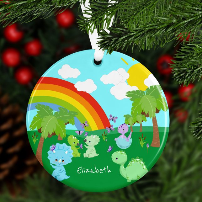 Baby Dinosaurs with Butterflies, Rainbow Christmas Ornament (Creator Uploaded)