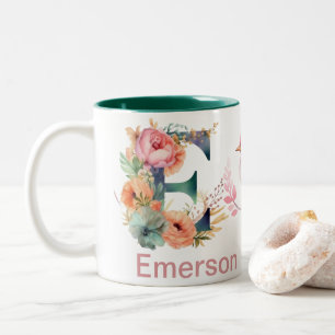 Baby Dog Photo Name Letter E Floral Monogram Bird Two-Tone Coffee Mug