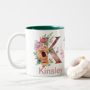 Baby Dog Photo Name Letter K Floral Monogram Bird Two-Tone Coffee Mug