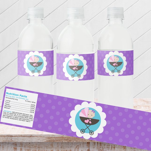 Baby Doll Birthday Party Water Bottle Labels (Baby Doll Birthday Water Bottle Wrappers. Nutrition Label Backside. Purple, Pink and Teal Blue)
