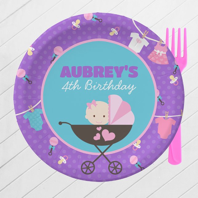 Baby Doll Birthday Personalised Party Paper Plates (Personalized Baby Doll Birthday  Party Paper Plates in Purple, Pink and Teal Blue. 2 Sizes Available)