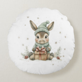 Baby Donkey in Winter Santa Hat Gift 4 Round Cushion