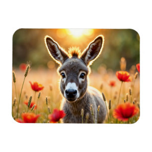 Baby donkey peaceful nature red poppies field magnet