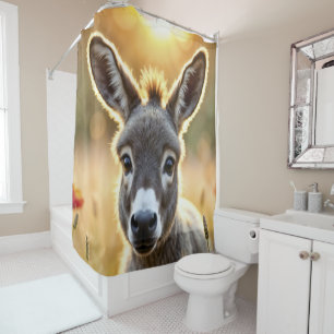 Baby donkey peaceful nature red poppies field  shower curtain