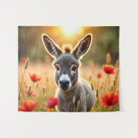 Baby donkey peaceful nature red poppies field