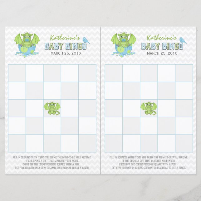 Baby Dragon Bingo sheet with 2 game cards (Front)