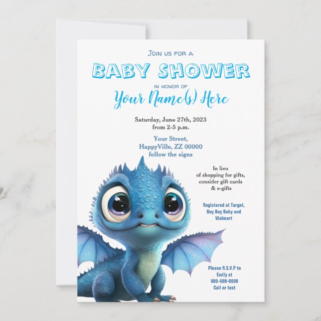 Baby Dragon Boy Shower Cute Invitation (Front)