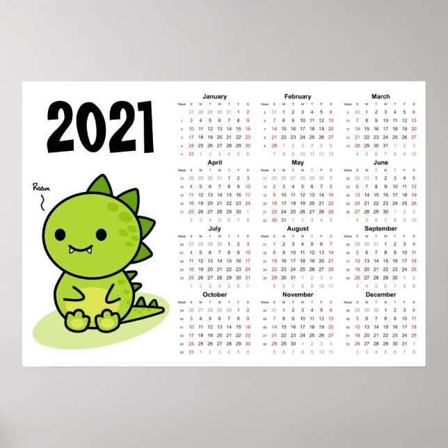 Baby dragon Calendar 2021 Poster - Sunday start (Front)