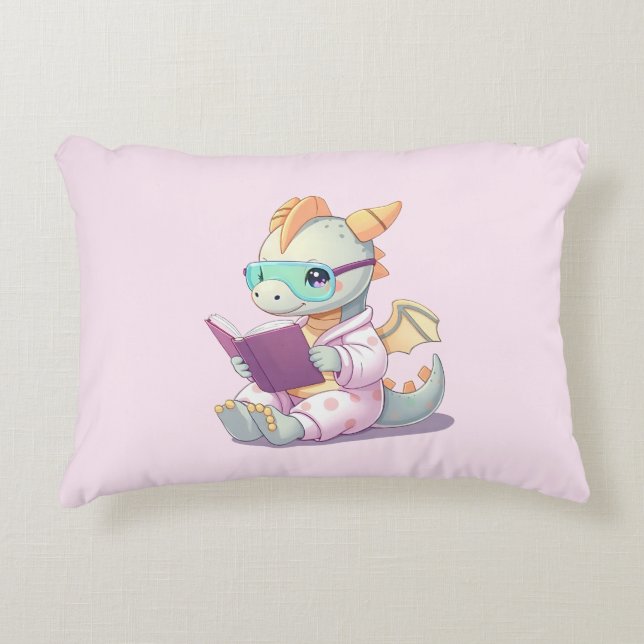 Baby dragon reading a book decorative cushion (Front)