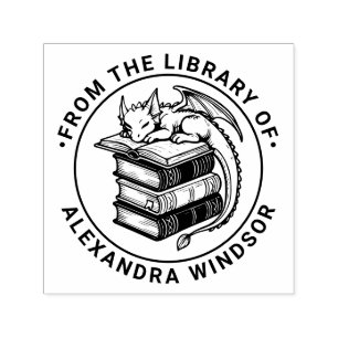 Baby Dragon Sleeping on Book Stack Library Name Self-inking Stamp