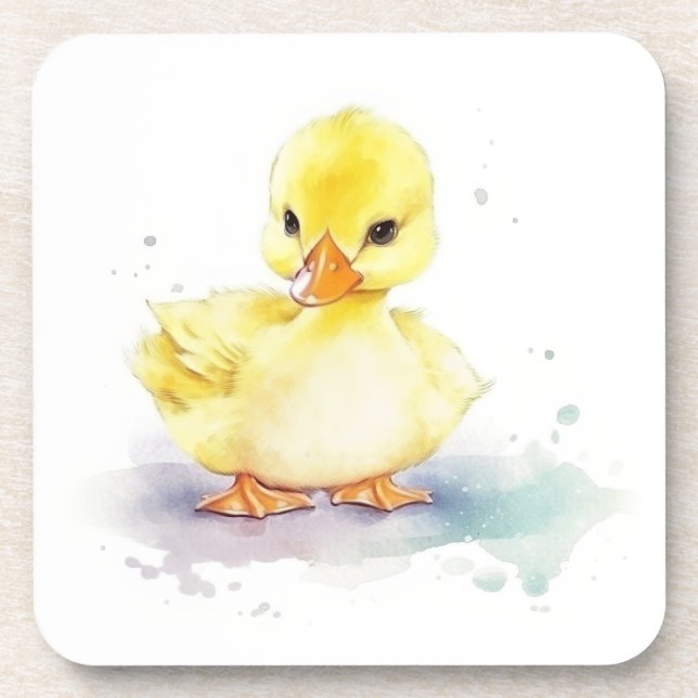 Baby Duck 2 Watercolor Hard plastic coaster (Front)