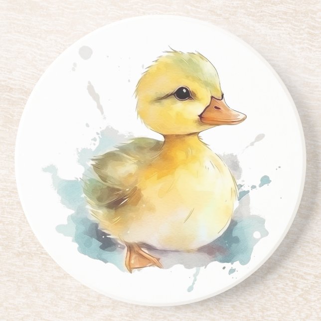 Baby Duck Watercolor Sandstone Coaster (Front)