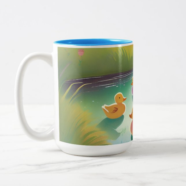 Baby ducks in pond Two-Tone coffee mug (Left)