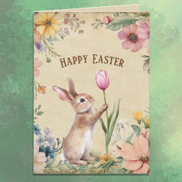 Baby Easter Bunny with Pink Tulip Vintage Floral  Card