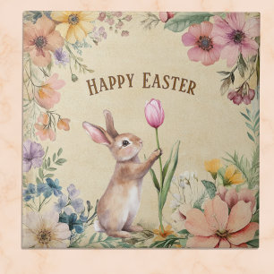 Baby Easter Bunny with Pink Tulip Vintage Floral  Tile
