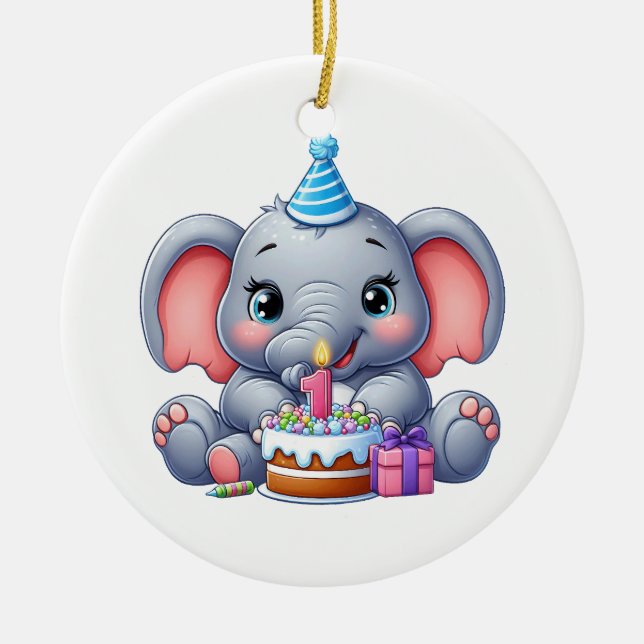 Baby Elephant 1st Birthday Ceramic Tree Decoration (Front)