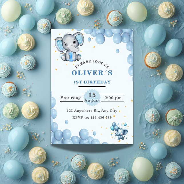 Baby Elephant 1st Birthday Invitation Boy Blue (Creator Uploaded)
