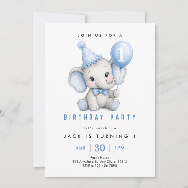 Baby Elephant 1st Birthday Invite (Front)