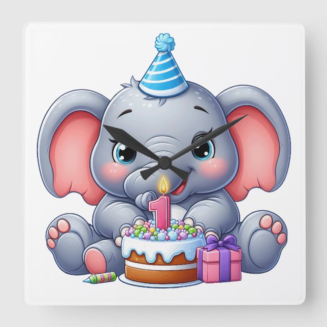 Baby Elephant 1st Birthday Square Wall Clock (Front)