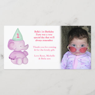 Baby Elephant 1st Birthday Thank You Photo Card