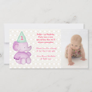 Baby Elephant 1st Birthday Thank You Photo Card