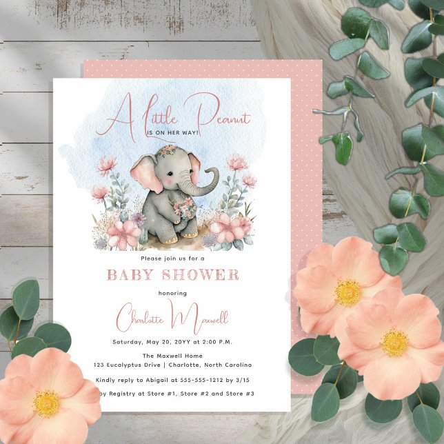 Baby Elephant A Little Peanut Girl Floral Shower Invitation (Creator Uploaded)