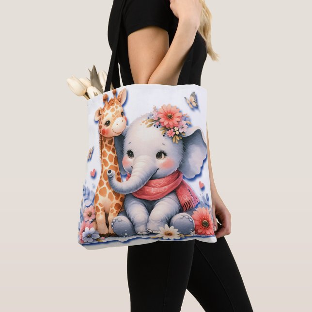 Baby Elephant and Baby Giraffe Besties Diaper Tote Bag (Close Up)