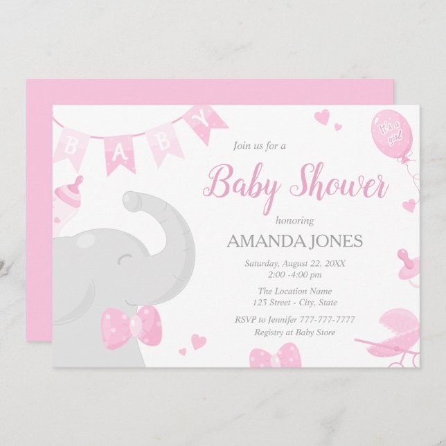 Baby Elephant Baby Shower Girl Invitations (Front/Back)