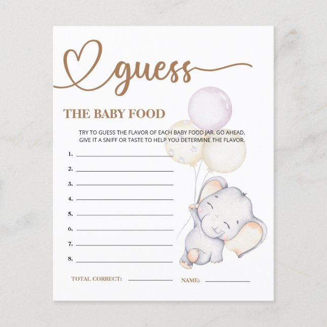 Baby Elephant Baby Shower Guess the Baby Food Card (Front)