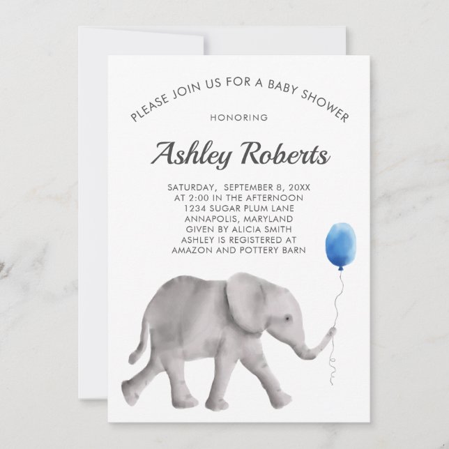 Baby Elephant Baby Shower Invitation, Blue & Grey Invitation (Front)