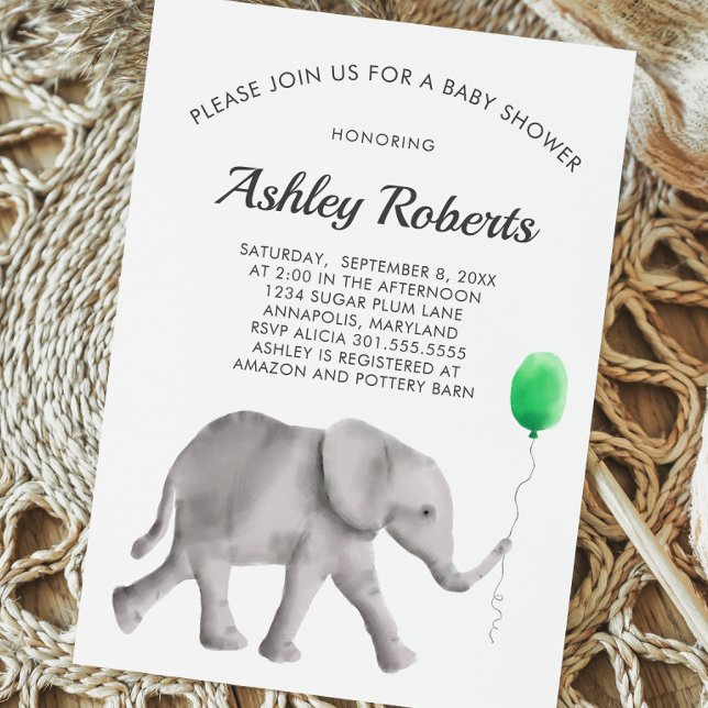Baby Elephant Baby Shower Invitation, Green & Gray Invitation (Creator Uploaded)