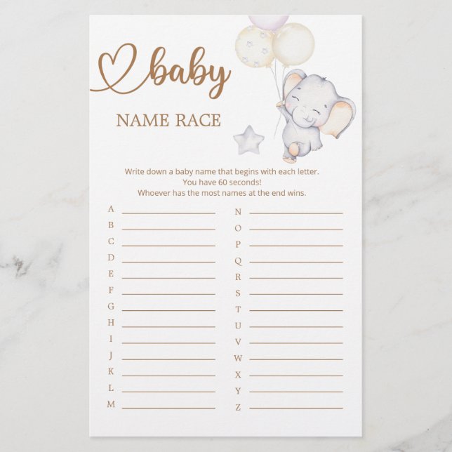 Baby Elephant Baby Shower Name Race Game (Front)